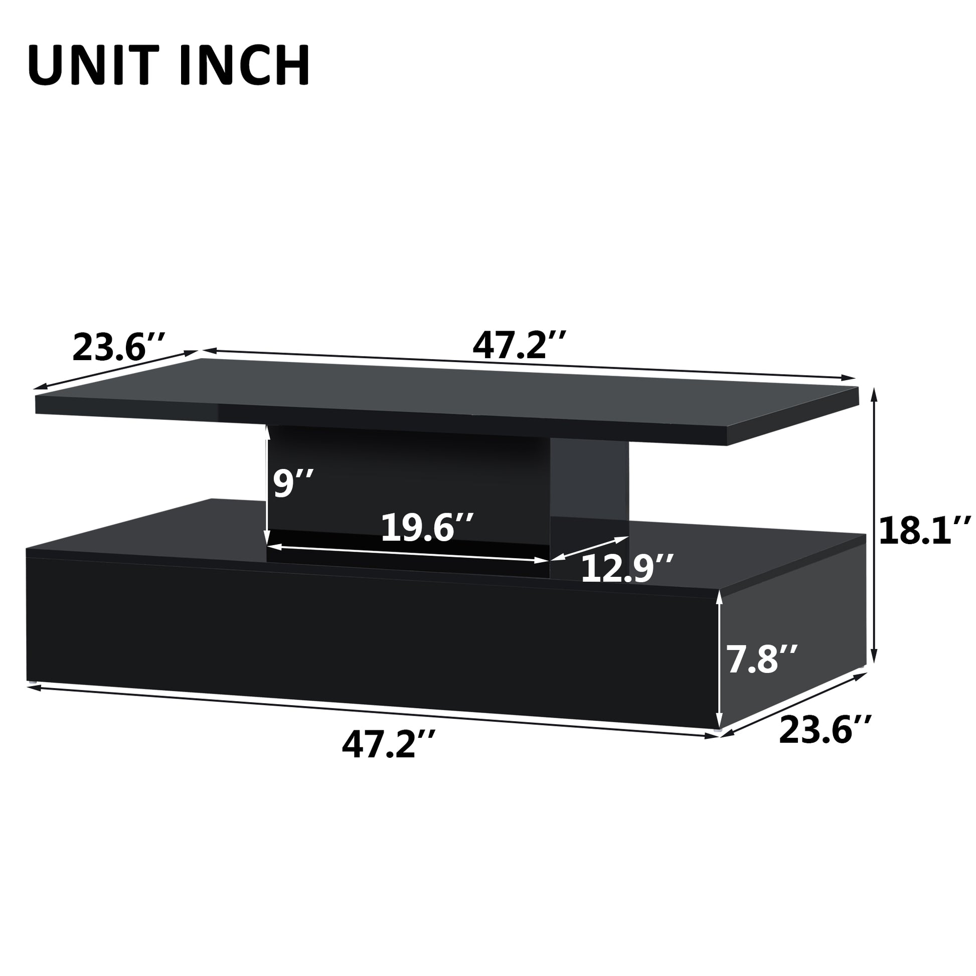 Coffee Table Cocktail Table Modern Industrial Design With Led Lighting, 16 Colors With A Remote Control Black Black Particle Board