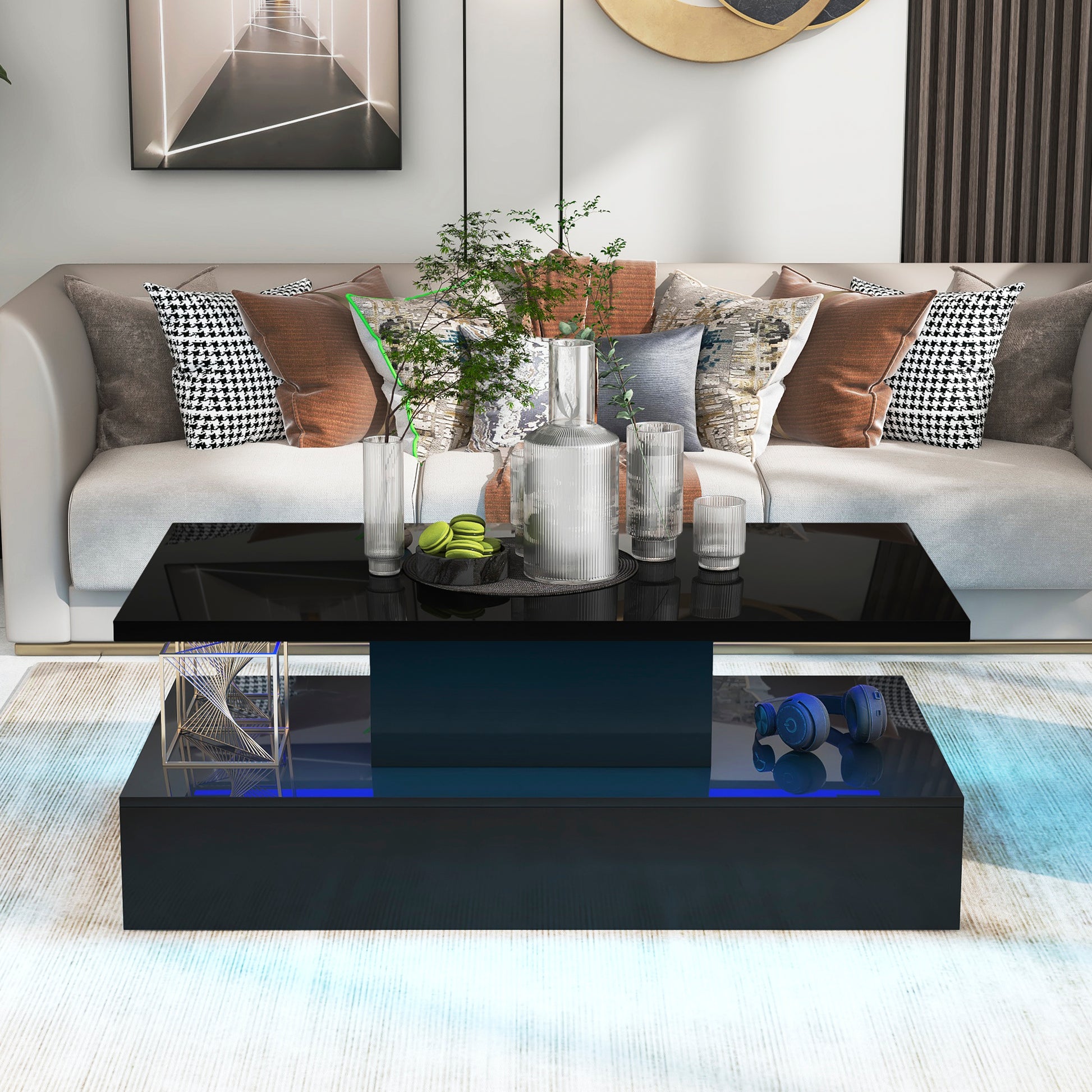 Coffee Table Cocktail Table Modern Industrial Design With Led Lighting, 16 Colors With A Remote Control Black Black Particle Board