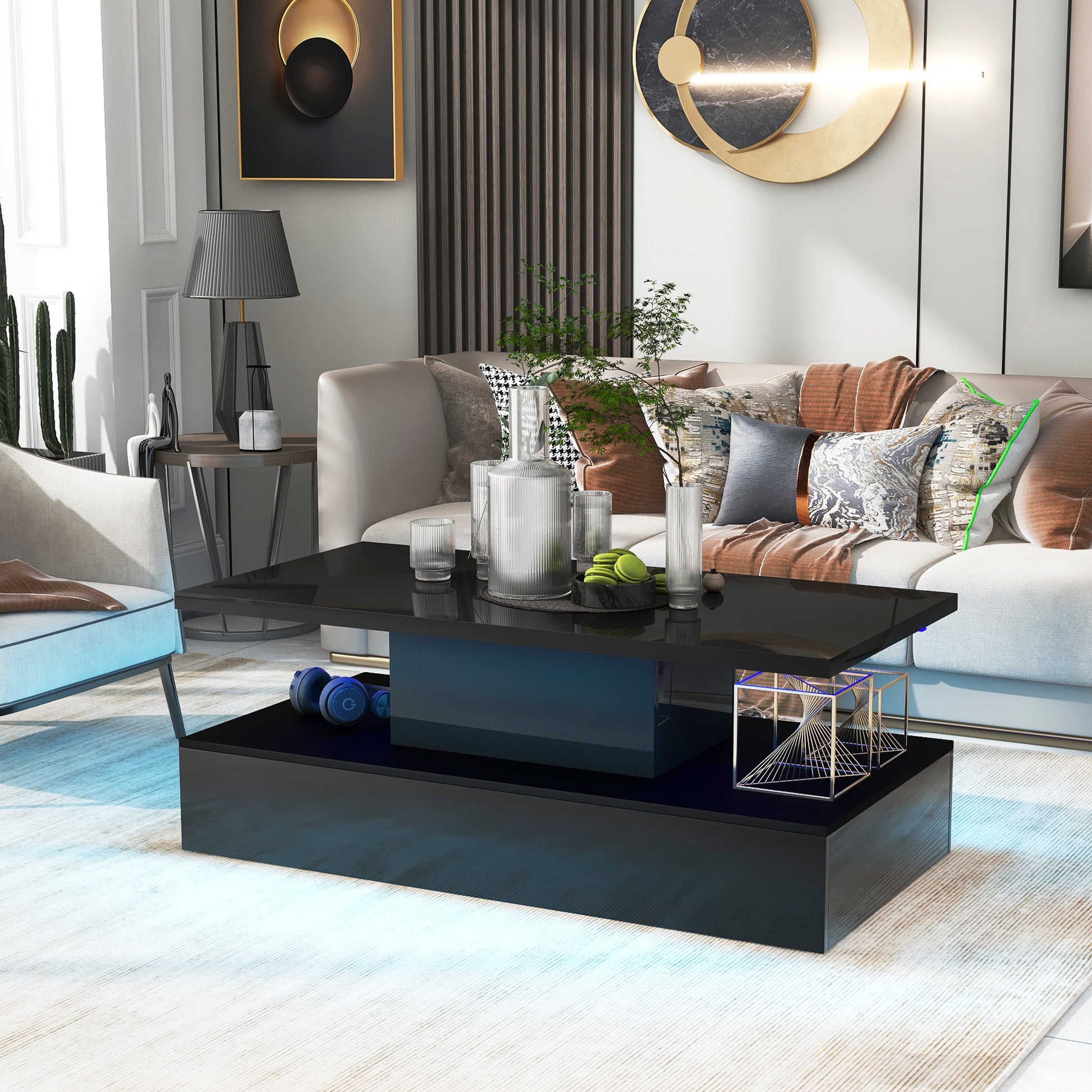 Coffee Table Cocktail Table Modern Industrial Design With Led Lighting, 16 Colors With A Remote Control Black Black Particle Board