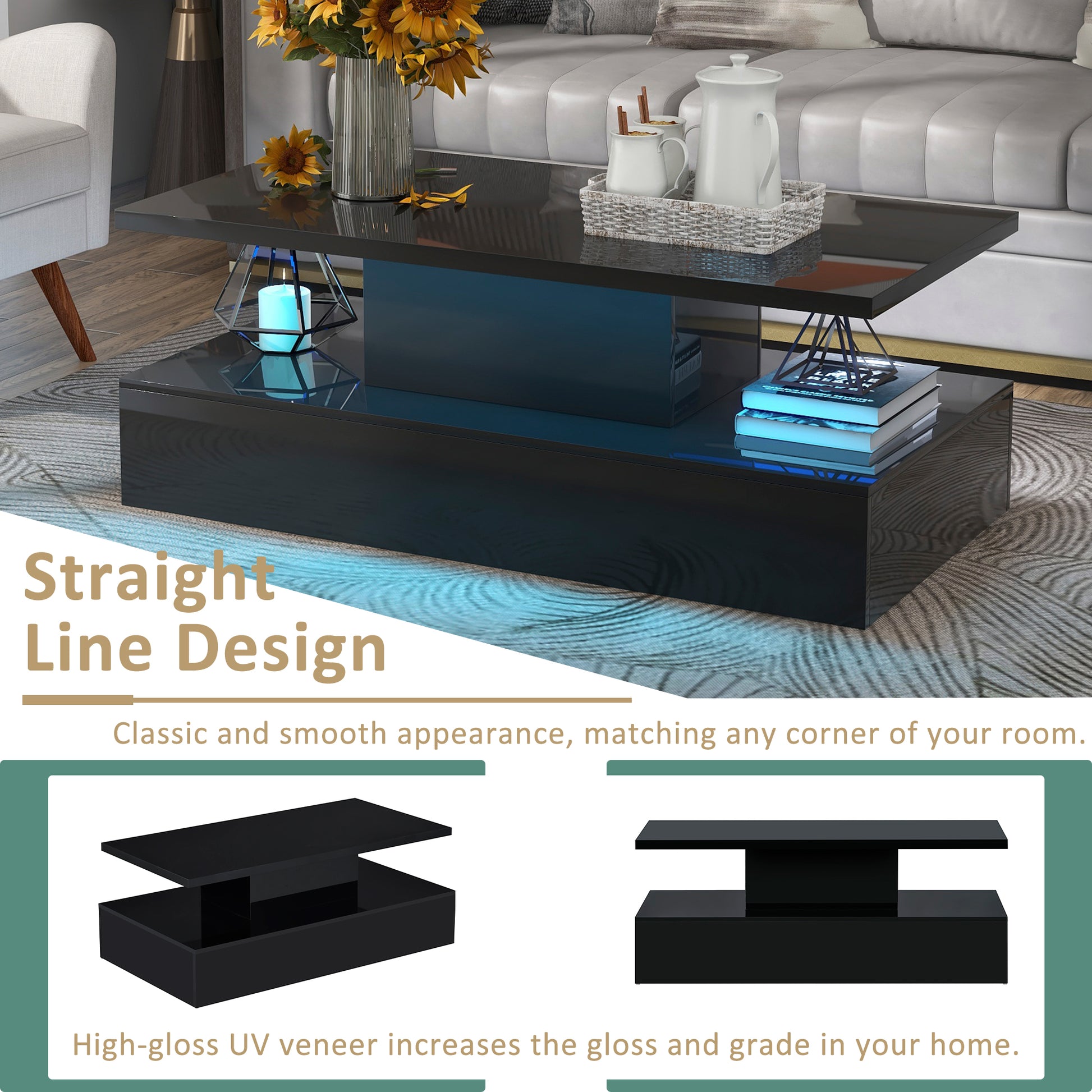 Coffee Table Cocktail Table Modern Industrial Design With Led Lighting, 16 Colors With A Remote Control Black Black Particle Board