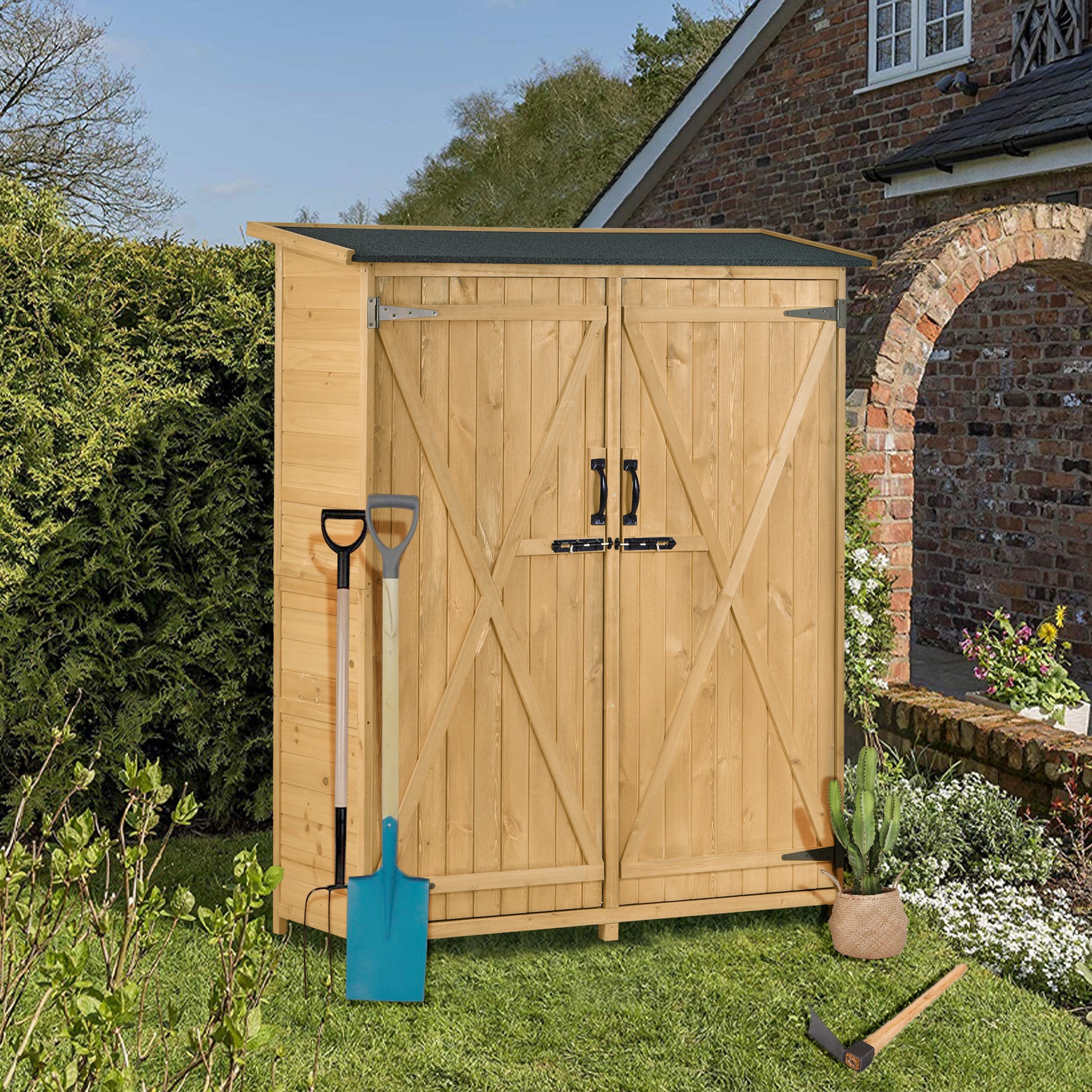 Outdoor 5.3Ft Hx4.6Ft L Wood Storage Shed Tool Organizer,Garden Shed, Storage Cabinet With Waterproof Asphalt Roof, Double Lockable Doors, 3 Tier Shelves For Backyard, Natural Natural Water Resistant Frame Garden & Outdoor Casual Wood Solid Wood