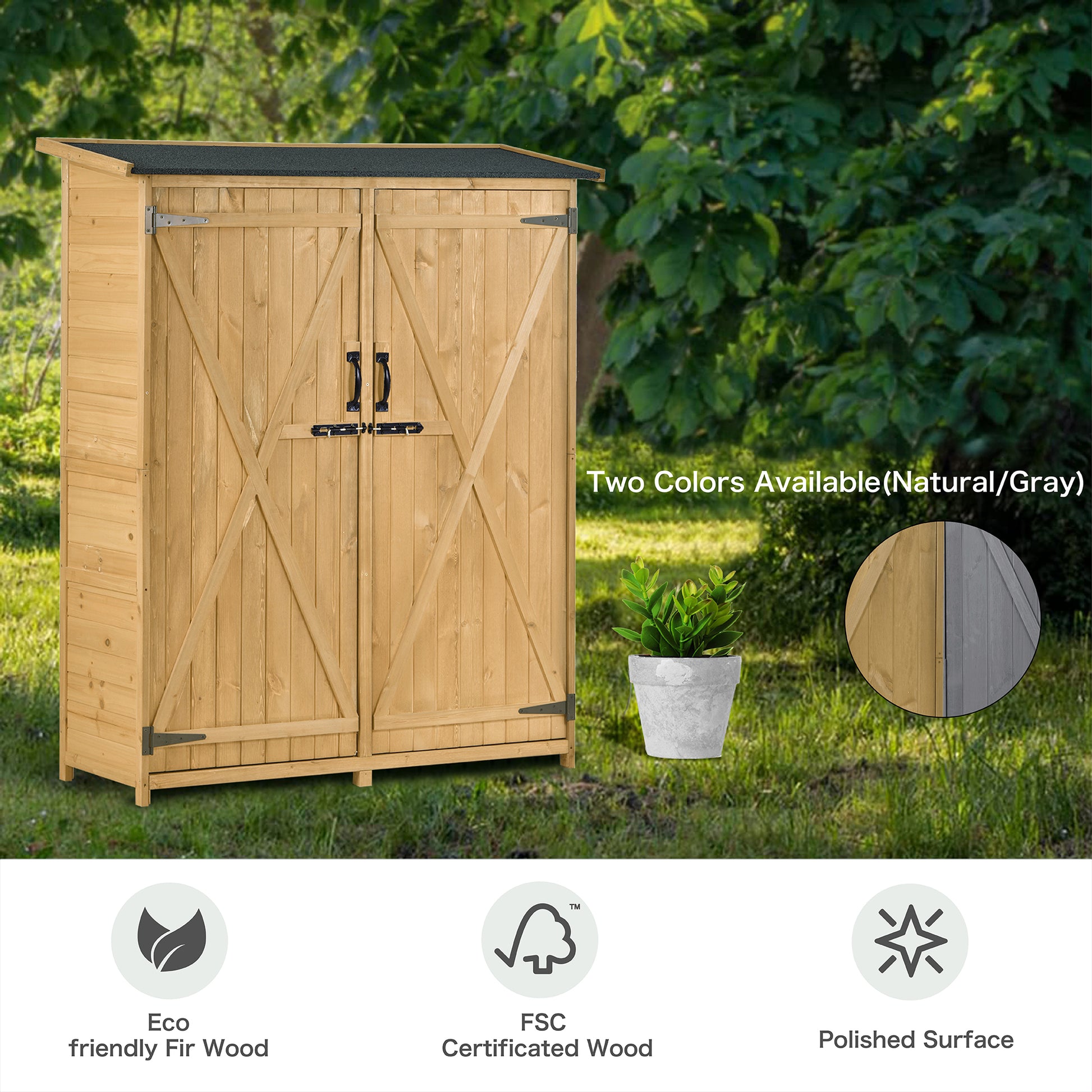 Outdoor 5.3Ft Hx4.6Ft L Wood Storage Shed Tool Organizer,Garden Shed, Storage Cabinet With Waterproof Asphalt Roof, Double Lockable Doors, 3 Tier Shelves For Backyard, Natural Natural Water Resistant Frame Garden & Outdoor Casual Wood Solid Wood