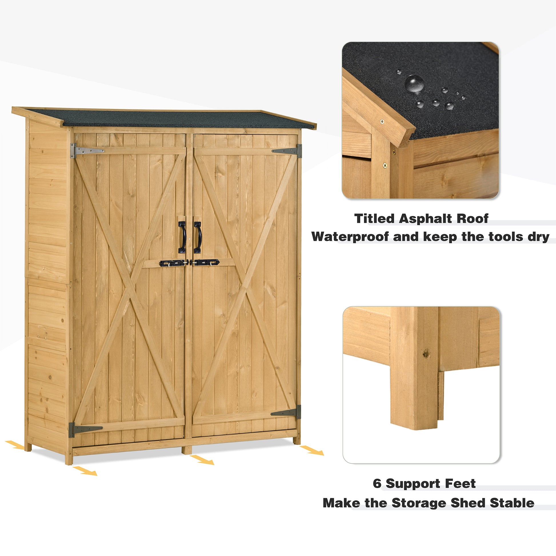 Outdoor 5.3Ft Hx4.6Ft L Wood Storage Shed Tool Organizer,Garden Shed, Storage Cabinet With Waterproof Asphalt Roof, Double Lockable Doors, 3 Tier Shelves For Backyard, Natural Natural Water Resistant Frame Garden & Outdoor Casual Wood Solid Wood