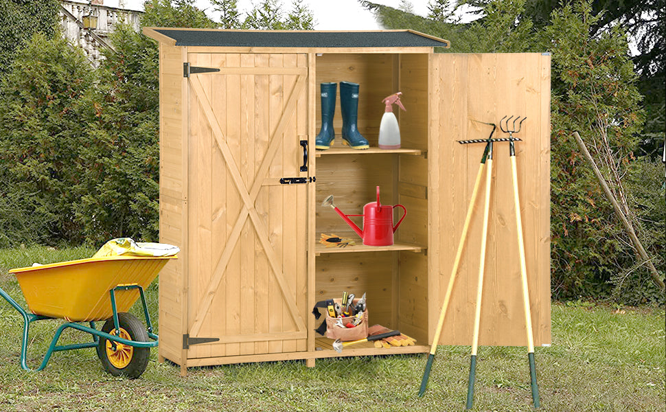 Outdoor 5.3Ft Hx4.6Ft L Wood Storage Shed Tool Organizer,Garden Shed, Storage Cabinet With Waterproof Asphalt Roof, Double Lockable Doors, 3 Tier Shelves For Backyard, Natural Natural Water Resistant Frame Garden & Outdoor Casual Wood Solid Wood