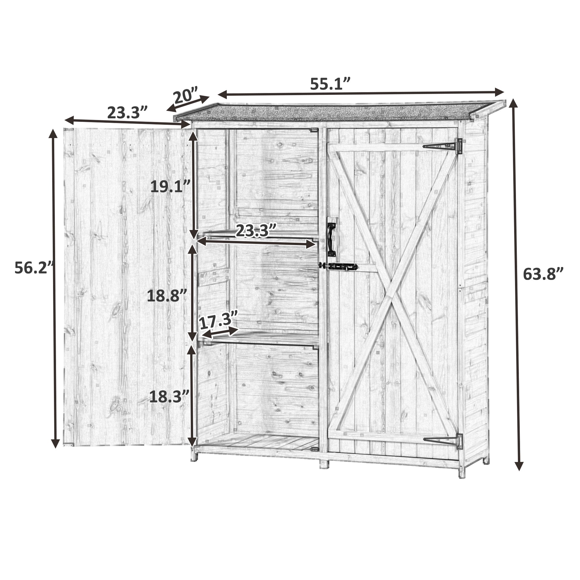 Outdoor 5.3Ft Hx4.6Ft L Wood Storage Shed Tool Organizer,Garden Shed, Storage Cabinet With Waterproof Asphalt Roof, Double Lockable Doors, 3 Tier Shelves For Backyard, Natural Natural Water Resistant Frame Garden & Outdoor Casual Wood Solid Wood