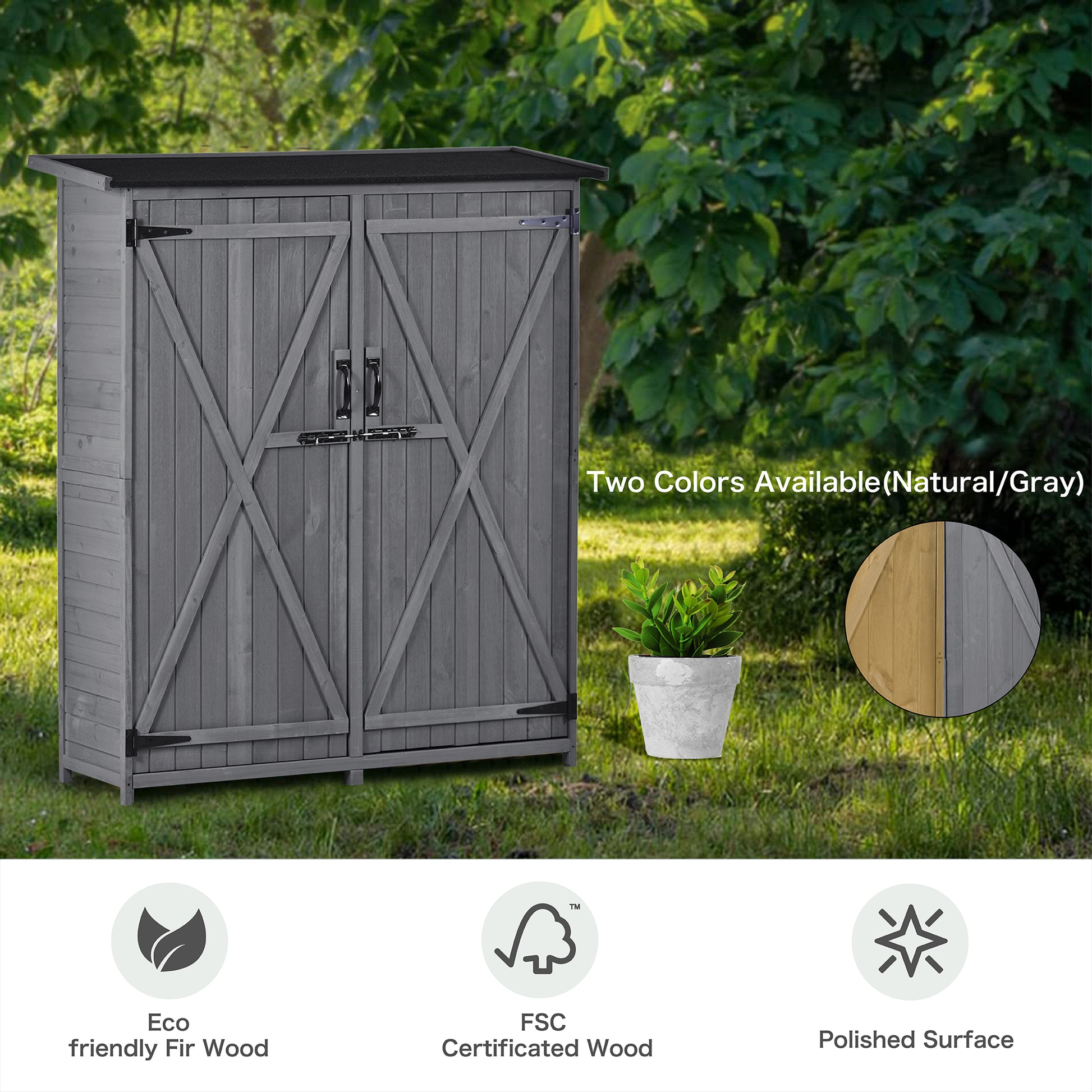 Outdoor 5.3Ft Hx4.6Ft L Wood Storage Shed Tool Organizer,Garden Shed, Storage Cabinet With Waterproof Asphalt Roof, Double Lockable Doors, 3 Tier Shelves For Backyard, Gray Gray Water Resistant Frame Garden & Outdoor Casual Wood Solid Wood