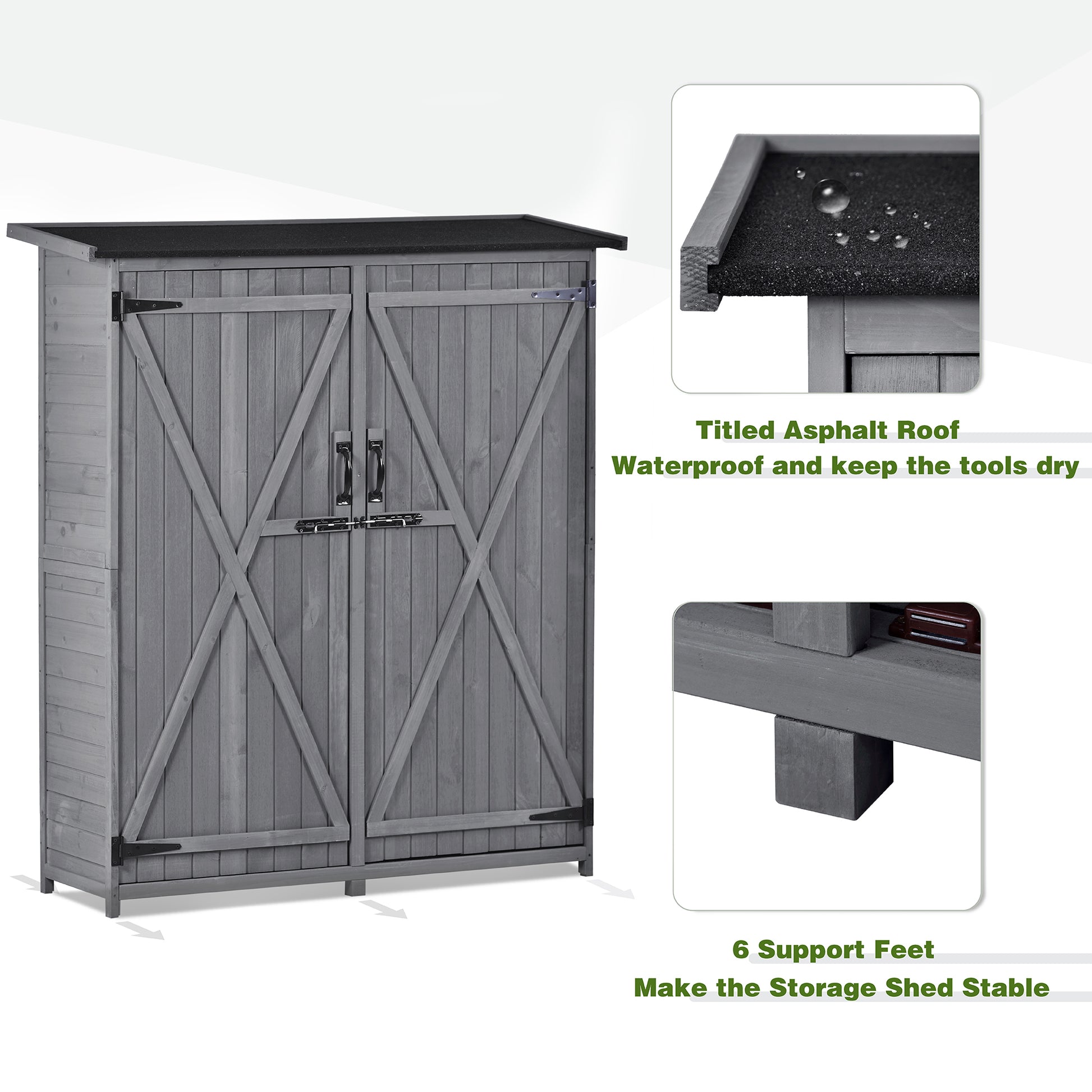 Outdoor 5.3Ft Hx4.6Ft L Wood Storage Shed Tool Organizer,Garden Shed, Storage Cabinet With Waterproof Asphalt Roof, Double Lockable Doors, 3 Tier Shelves For Backyard, Gray Gray Water Resistant Frame Garden & Outdoor Casual Wood Solid Wood