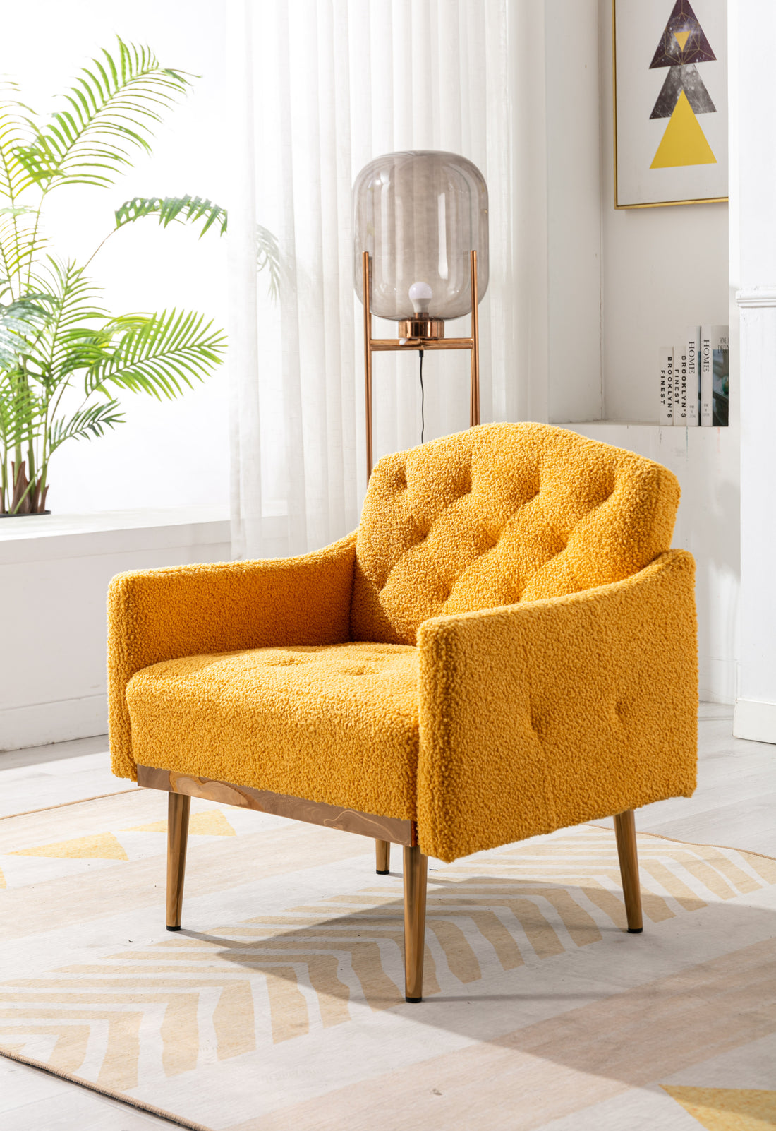 Coolmore Modern Accent Chair With Arms, Tufted Decorative Fabric Armchair With Gold Metal Legs, Upholstered Reading Chair For Living Room Bedroom Office Mustard Teddy Mustard Teddy Foam Metal