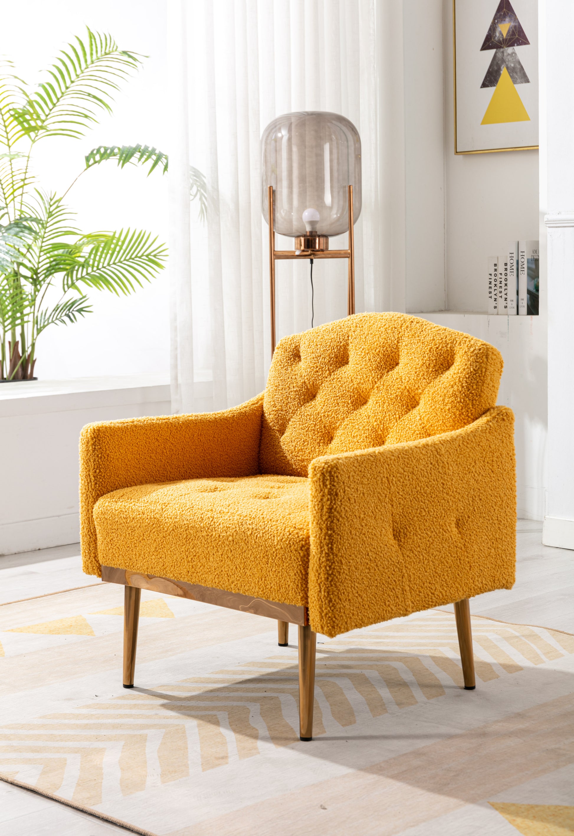 Coolmore Modern Accent Chair With Arms, Tufted Decorative Fabric Armchair With Gold Metal Legs, Upholstered Reading Chair For Living Room Bedroom Office Mustard Teddy Mustard Teddy Foam Metal