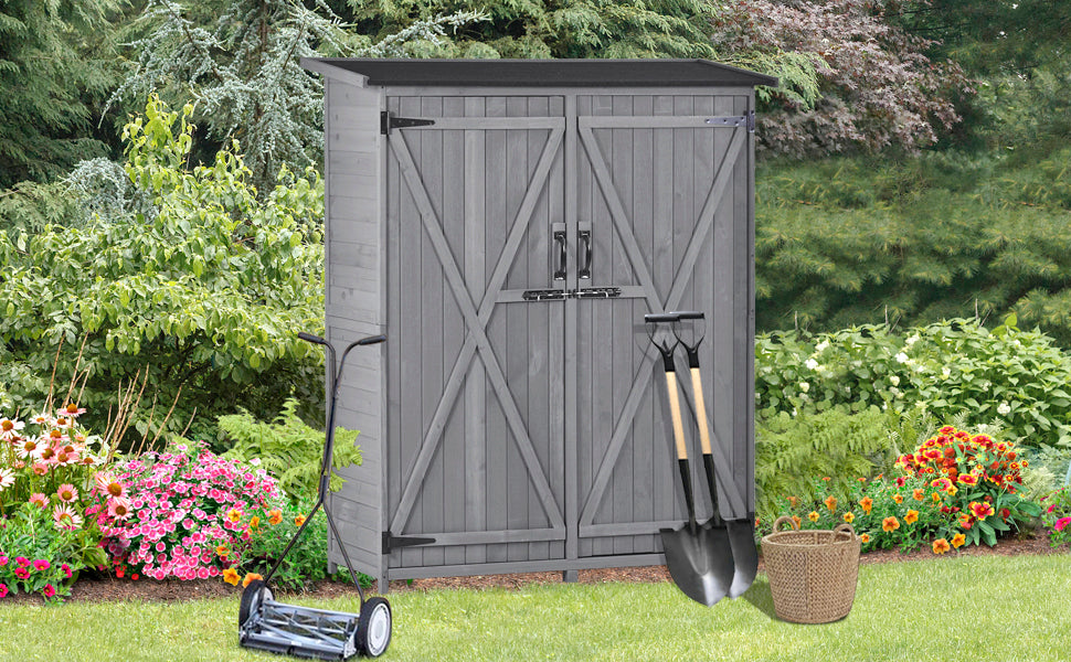 Outdoor 5.3Ft Hx4.6Ft L Wood Storage Shed Tool Organizer,Garden Shed, Storage Cabinet With Waterproof Asphalt Roof, Double Lockable Doors, 3 Tier Shelves For Backyard, Gray Gray Water Resistant Frame Garden & Outdoor Casual Wood Solid Wood