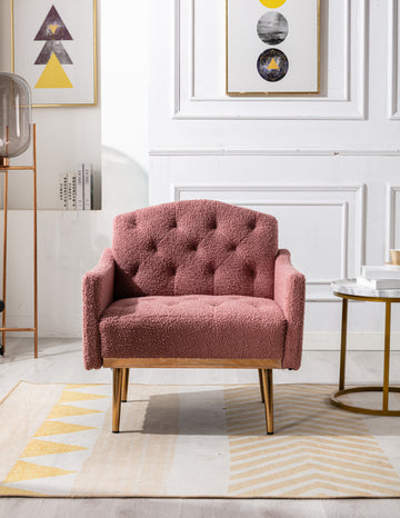 Coolmore Modern Accent Chair With Arms, Tufted Decorative Fabric Armchair With Gold Metal Legs, Upholstered Reading Chair For Living Room Bedroom Office Brush Pink Teddy Brush Pink Teddy Foam Teddy