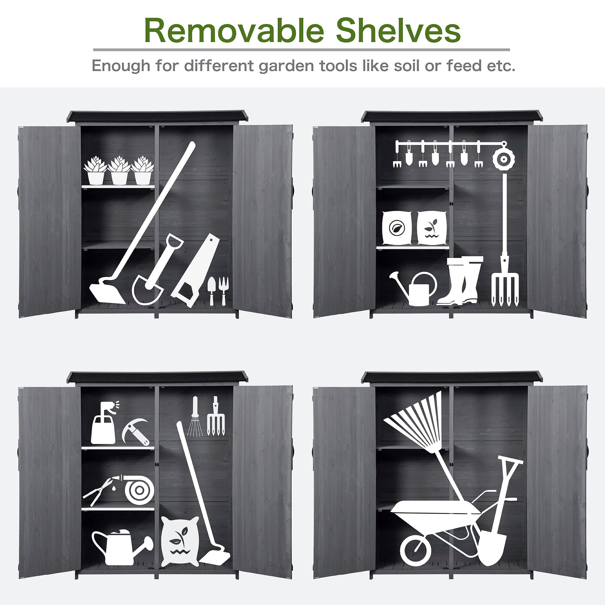Outdoor 5.3Ft Hx4.6Ft L Wood Storage Shed Tool Organizer,Garden Shed, Storage Cabinet With Waterproof Asphalt Roof, Double Lockable Doors, 3 Tier Shelves For Backyard, Gray Gray Water Resistant Frame Garden & Outdoor Casual Wood Solid Wood
