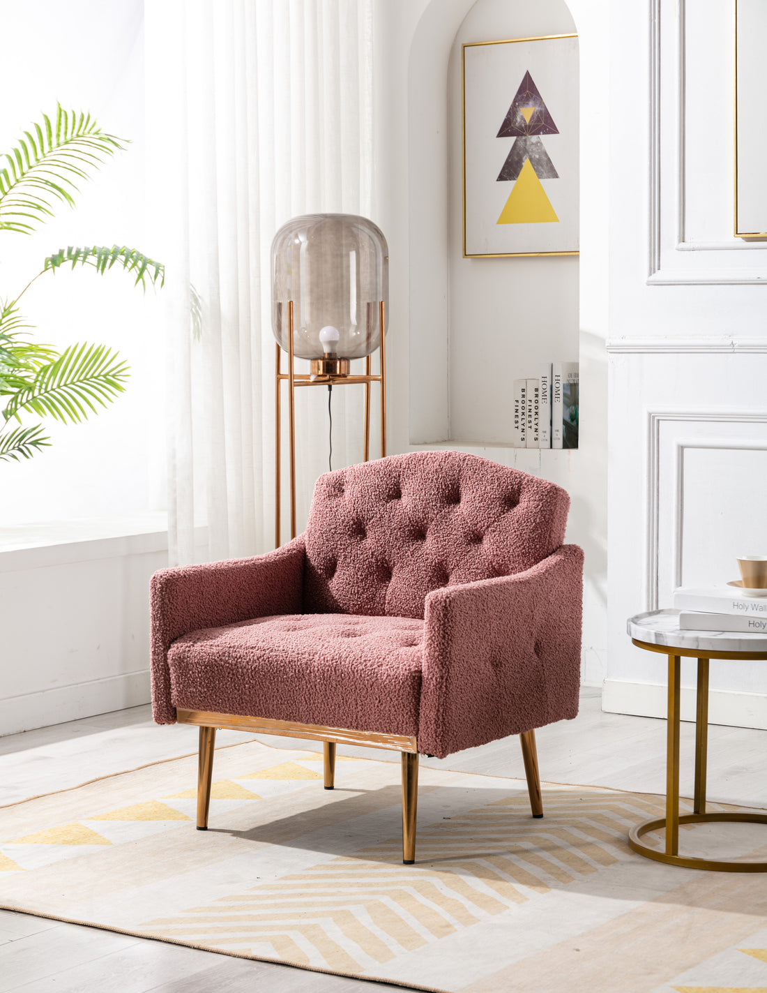 Coolmore Modern Accent Chair With Arms, Tufted Decorative Fabric Armchair With Gold Metal Legs, Upholstered Reading Chair For Living Room Bedroom Office Brush Pink Teddy Brush Pink Teddy Foam Teddy