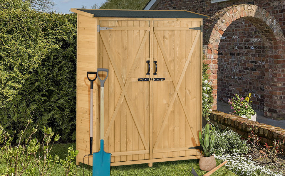 Outdoor 5.3Ft Hx4.6Ft L Wood Storage Shed Tool Organizer,Garden Shed, Storage Cabinet With Waterproof Asphalt Roof, Double Lockable Doors, 3 Tier Shelves For Backyard, Natural Natural Water Resistant Frame Garden & Outdoor Casual Wood Solid Wood