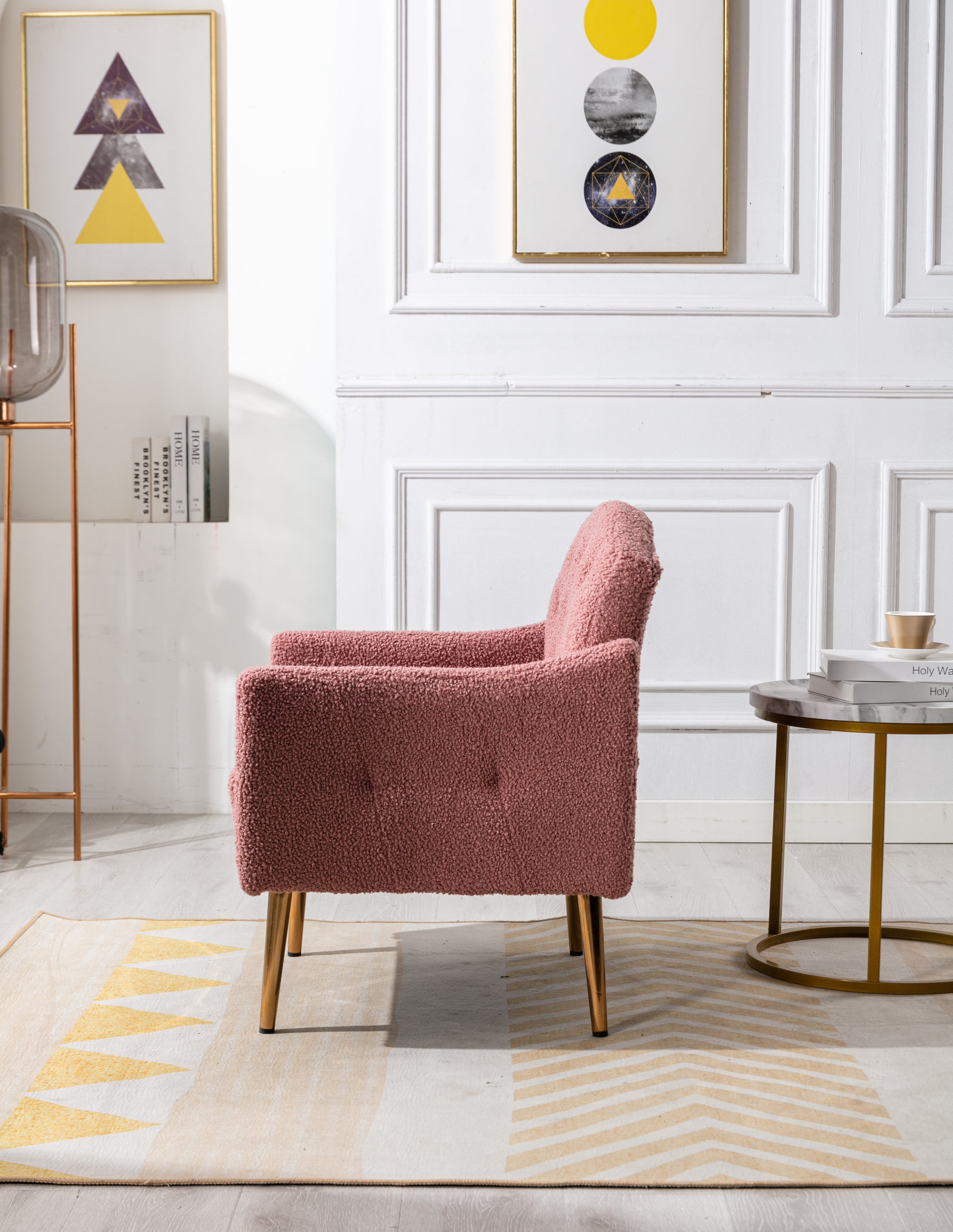 Coolmore Modern Accent Chair With Arms, Tufted Decorative Fabric Armchair With Gold Metal Legs, Upholstered Reading Chair For Living Room Bedroom Office Brush Pink Teddy Brush Pink Teddy Foam Teddy