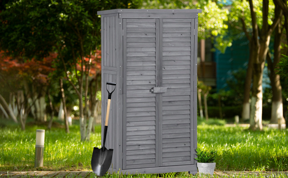 Wooden Garden Shed 3 Tier Patio Storage Cabinet Outdoor Organizer Wooden Lockers With Fir Wood Gray Wood Color Shutter Design Gray Water Resistant Frame Garden & Outdoor Casual Wood Solid Wood