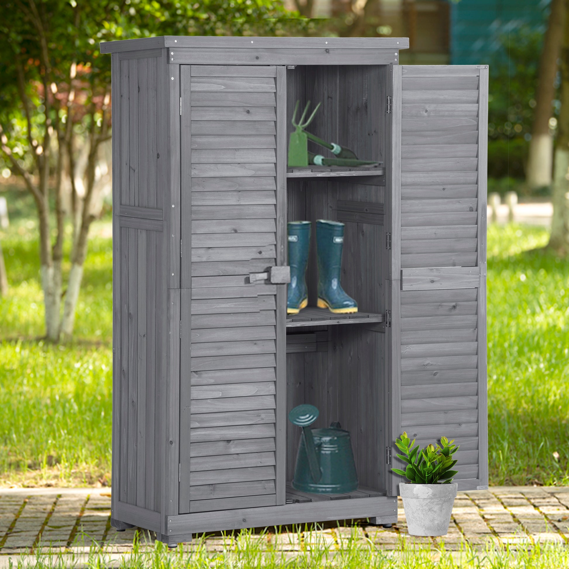 Wooden Garden Shed 3 Tier Patio Storage Cabinet Outdoor Organizer Wooden Lockers With Fir Wood Gray Wood Color Shutter Design Gray Water Resistant Frame Garden & Outdoor Casual Wood Solid Wood