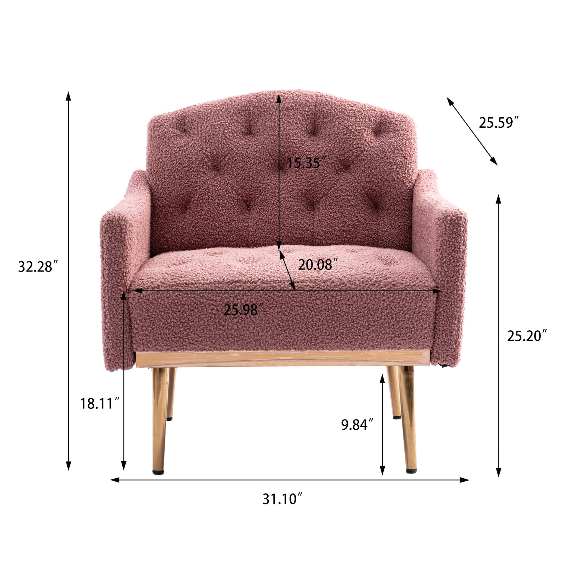 Coolmore Modern Accent Chair With Arms, Tufted Decorative Fabric Armchair With Gold Metal Legs, Upholstered Reading Chair For Living Room Bedroom Office Brush Pink Teddy Brush Pink Teddy Foam Teddy
