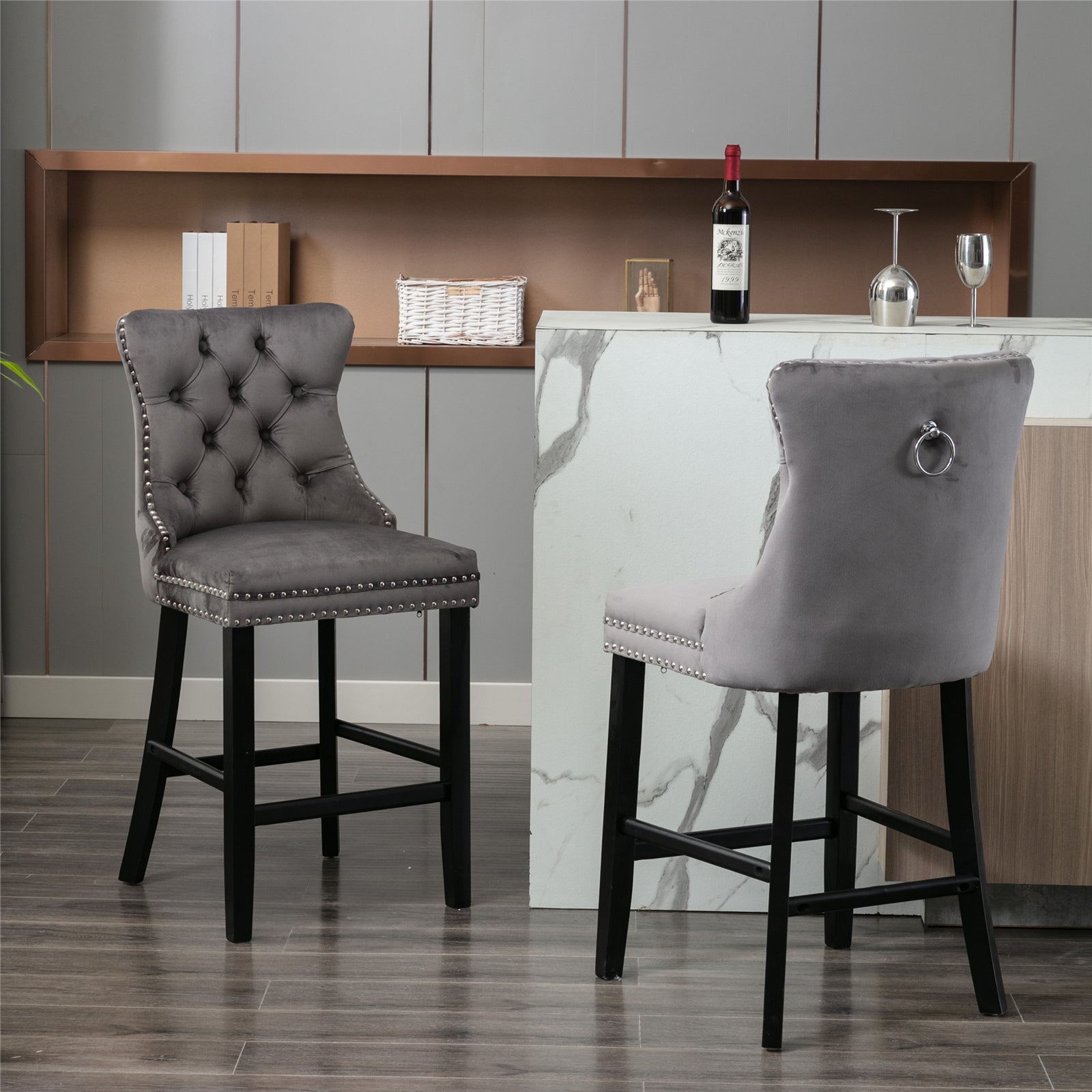 Contemporary Velvet Upholstered Barstools With Button Tufted Decoration And Wooden Legs, And Chrome Trim, Leisure Style Bar Chairs,Bar Stools, Set Of 2 Gray ,Sw1902Gy Gray Seats 2 American Design Rubberwood Foam Velvet