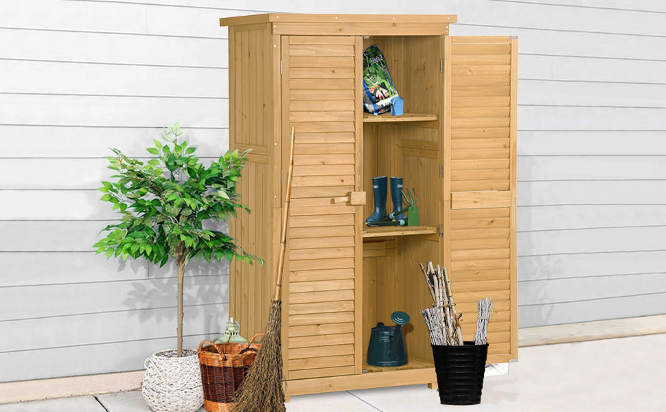 Wooden Garden Shed 3 Tier Patio Storage Cabinet Outdoor Organizer Wooden Lockers With Fir Wood Natural Wood Color Shutter Design Natural Water Resistant Frame Garden & Outdoor Casual Wood Solid Wood