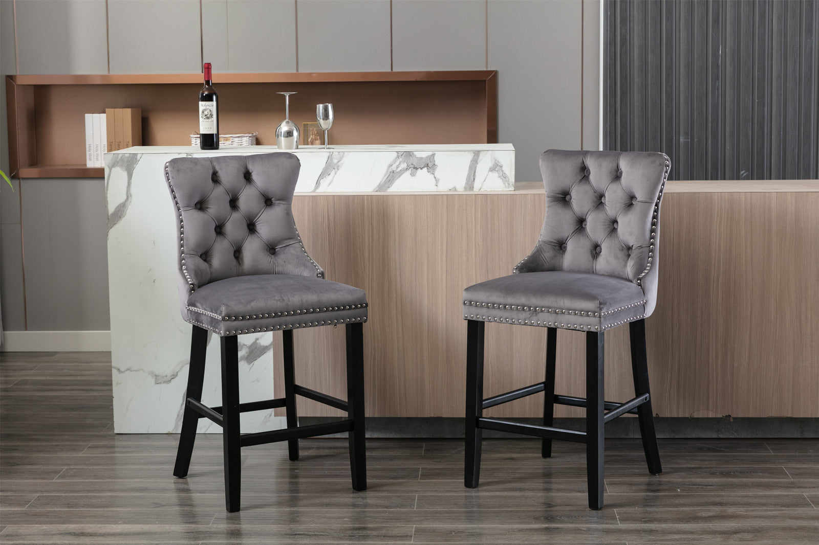 Contemporary Velvet Upholstered Barstools With Button Tufted Decoration And Wooden Legs, And Chrome Trim, Leisure Style Bar Chairs,Bar Stools, Set Of 2 Gray ,Sw1902Gy Gray Seats 2 American Design Rubberwood Foam Velvet