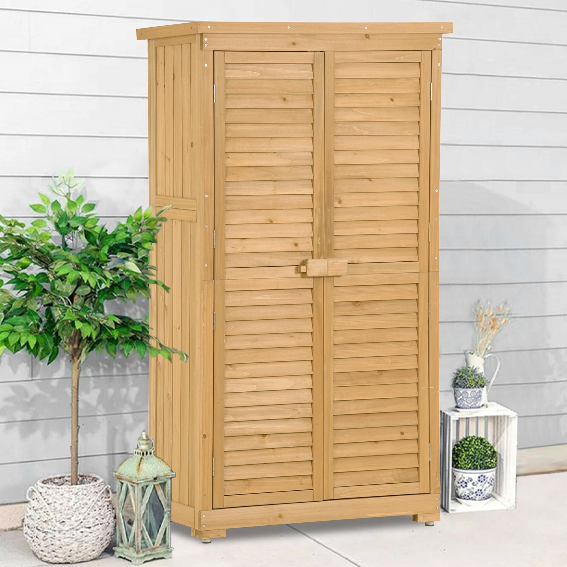 Wooden Garden Shed 3 Tier Patio Storage Cabinet Outdoor Organizer Wooden Lockers With Fir Wood Natural Wood Color Shutter Design Natural Water Resistant Frame Garden & Outdoor Casual Wood Solid Wood