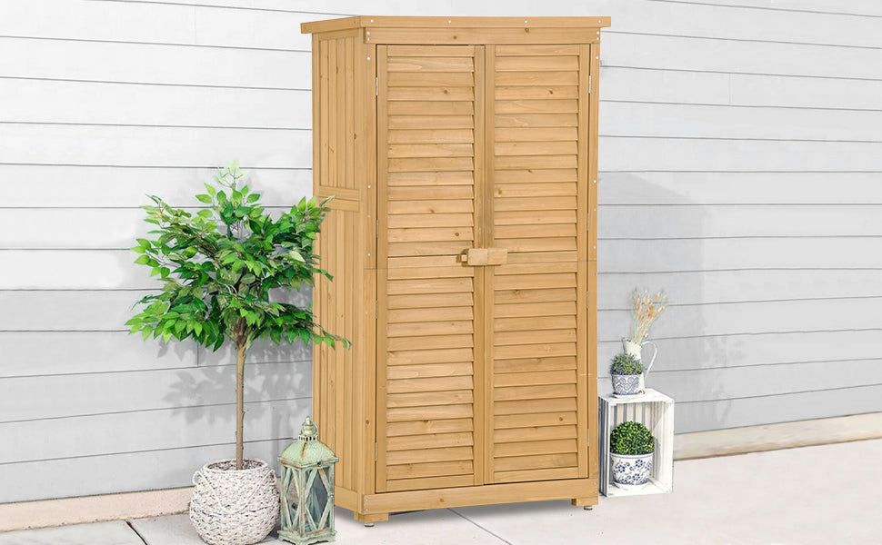 Wooden Garden Shed 3 Tier Patio Storage Cabinet Outdoor Organizer Wooden Lockers With Fir Wood Natural Wood Color Shutter Design Natural Water Resistant Frame Garden & Outdoor Casual Wood Solid Wood