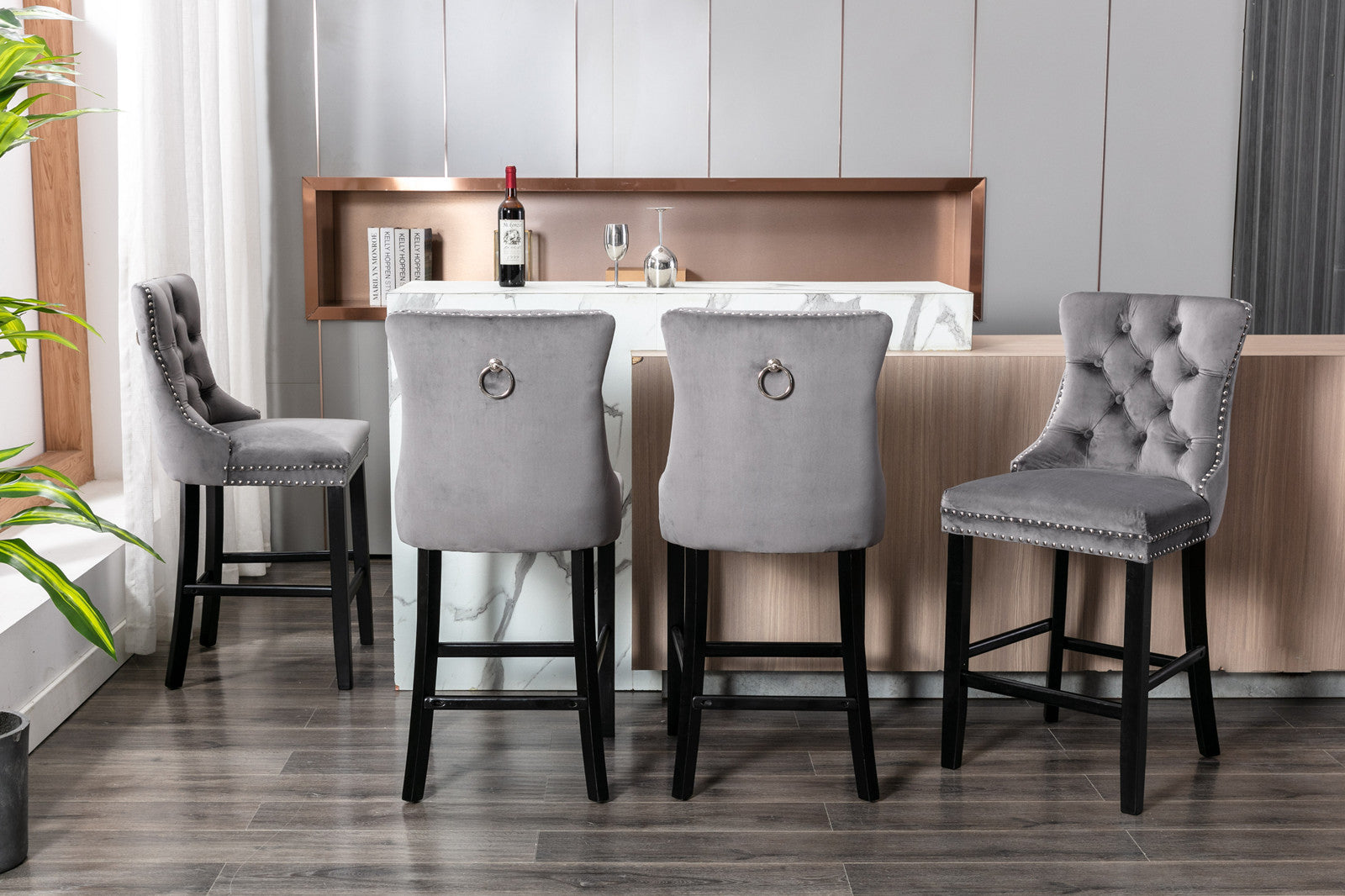 Contemporary Velvet Upholstered Barstools With Button Tufted Decoration And Wooden Legs, And Chrome Trim, Leisure Style Bar Chairs,Bar Stools, Set Of 2 Gray ,Sw1902Gy Gray Seats 2 American Design Rubberwood Foam Velvet