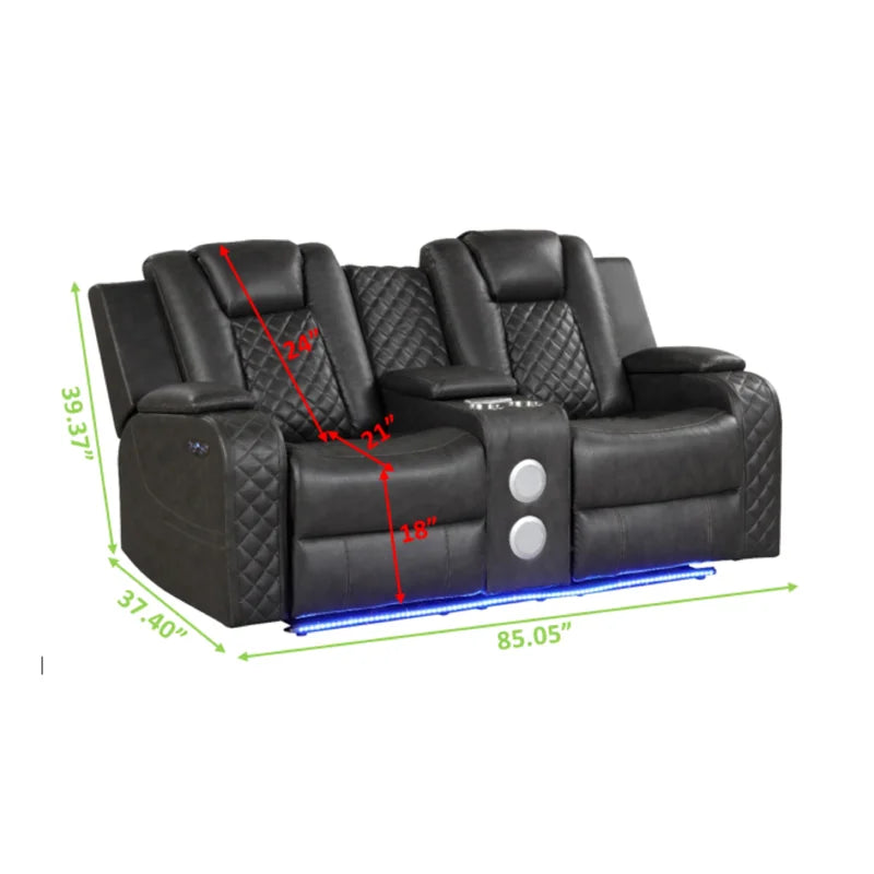 Led & Power Recliner 3 Pc Made With Faux Leather In Black Black Faux Leather Metal Primary Living Space Medium Soft Cushion Back Heavy Duty Contemporary,Modern Solid Wood Mdf Polypropylene