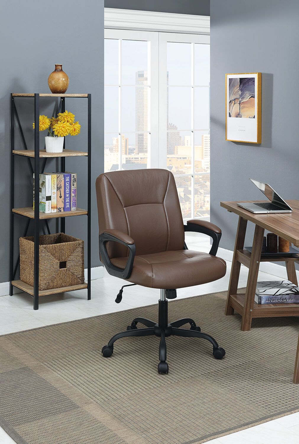 Relax Cushioned Office Chair 1Pc Brown Color Upholstered Seat Back Adjustable Chair Comfort Brown Office Contemporary Office Chairs Solid Back Adjustable Height Fabric