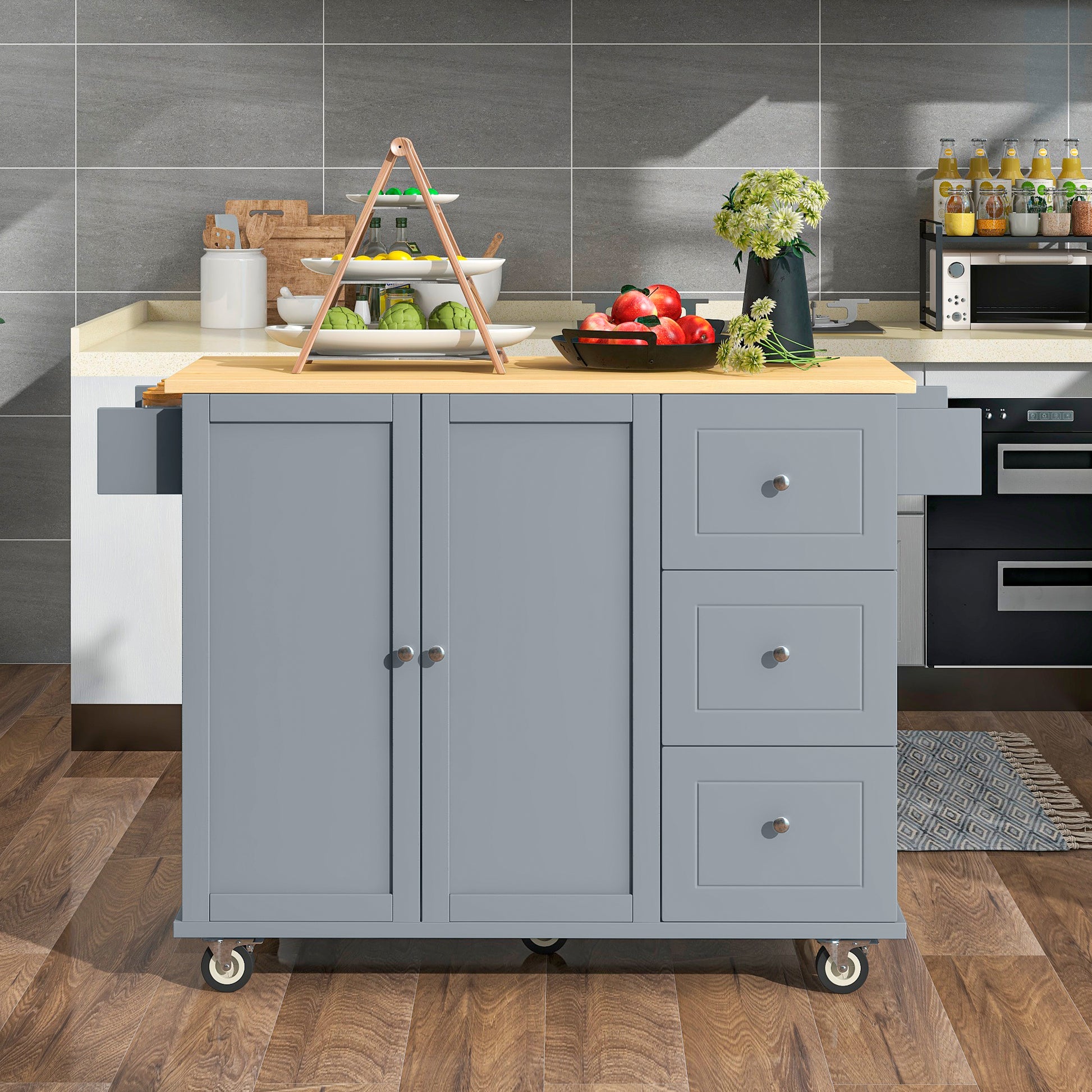 Rolling Mobile Kitchen Island With Solid Wood Top And Locking Wheels,52.7 Inch Width,Storage Cabinet And Drop Leaf Breakfast Bar,Spice Rack, Towel Rack & Drawer Grey Blue Blue Grey Mdf