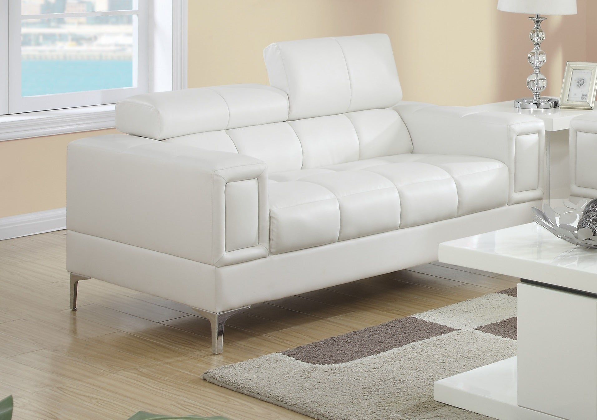 White Faux Leather Living Room 2Pc Sofa Set Sofa And Loveseat Furniture Couch Unique Design Metal Legs Adjustable Headrest White Faux Leather Wood Primary Living Space Tufted Back Classic,Contemporary Pine Square Arms Plywood 5 Seat