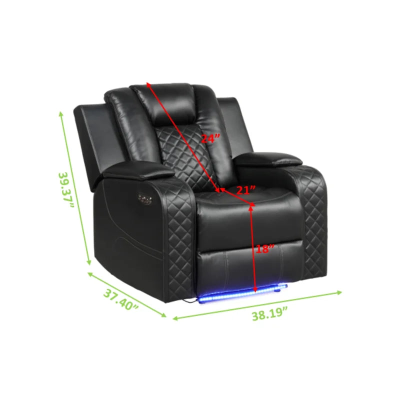 Led & Power Recliner 3 Pc Made With Faux Leather In Black Black Faux Leather Metal Primary Living Space Medium Soft Cushion Back Heavy Duty Contemporary,Modern Solid Wood Mdf Polypropylene