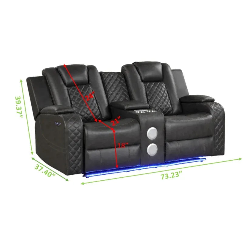 Benz Led & Power Recliner 2 Pc Made With Faux Leather In Gray Grey Faux Leather Metal Primary Living Space Medium Soft Cushion Back Contemporary,Modern Rolled Arms Solid Wood Mdf Faux Leather 5 Seat