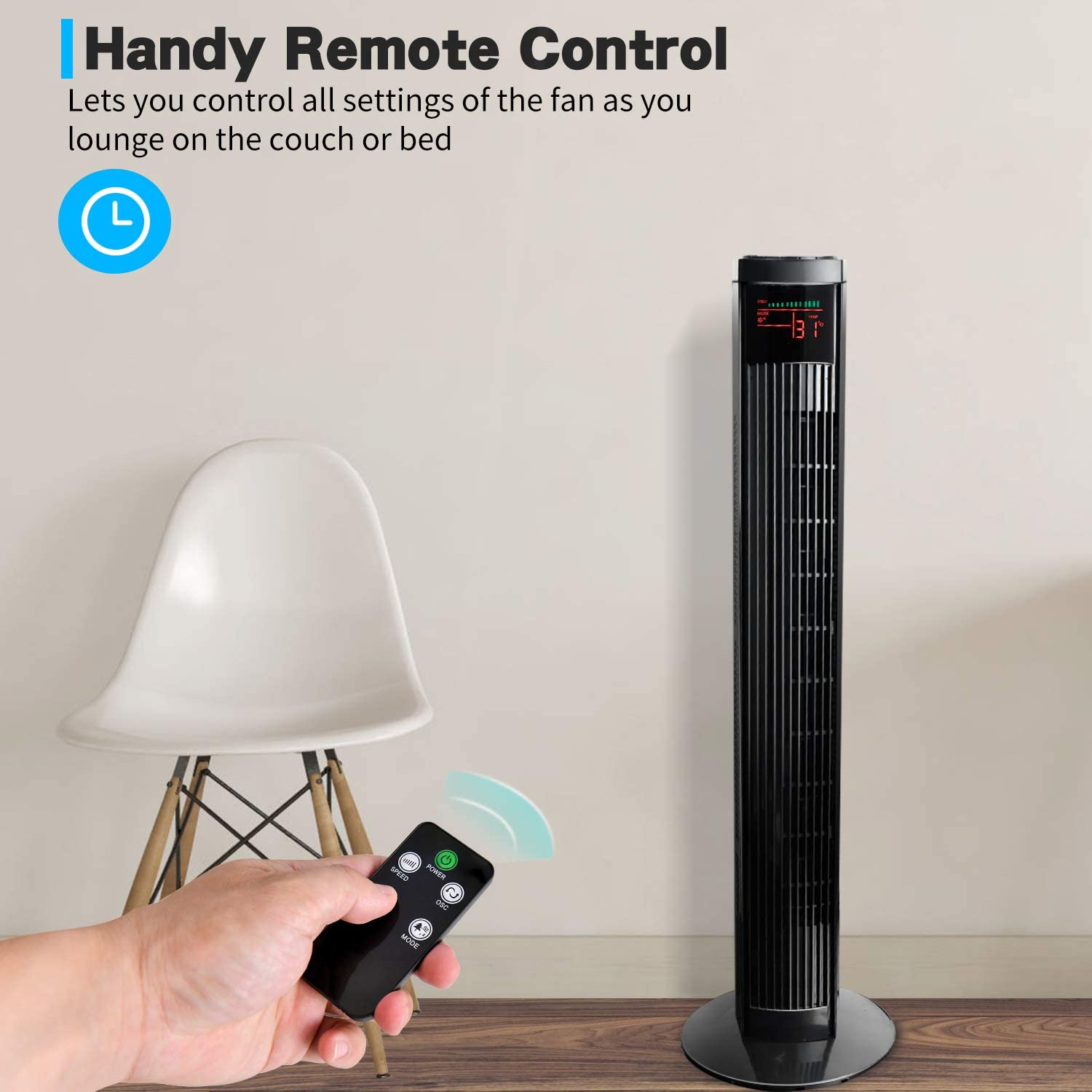 Simple Deluxe 36'' Electric Oscillating Tower Fan With Remote Controland Large Led Display, Great For Indoor, Bedroom And Home Office, Black Black Abs