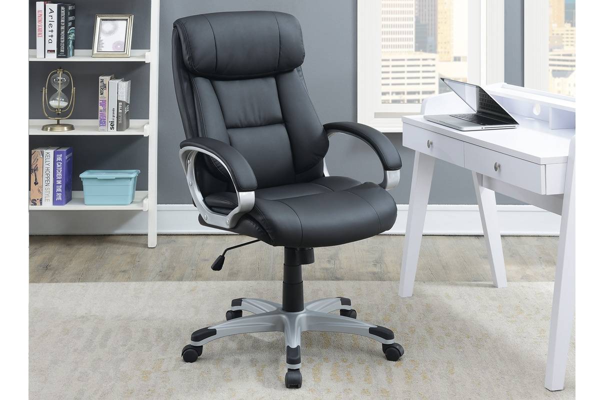 Classic 1Pc Office Chair Black Color Cushioned Headrest Adjustable Work Silver Armrest Black Office Contemporary,Modern Office Chairs Solid Back Adjustable Height Fabric