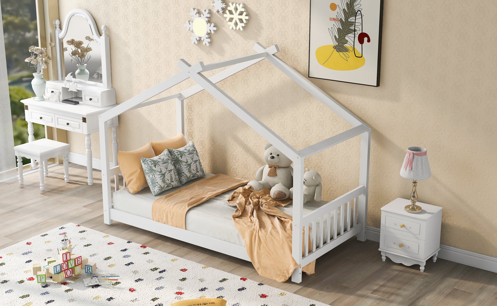 Twin Size House Platform Bed With Headboard And Footboard,Roof Design,White White Pine