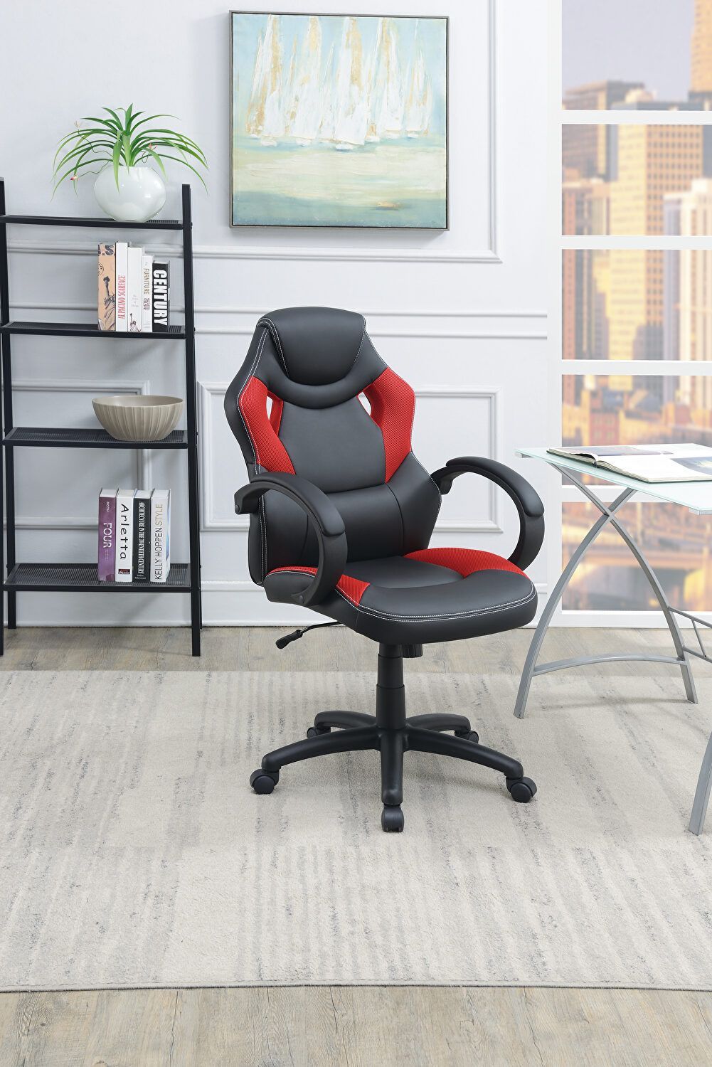 Office Chair Upholstered 1Pc Cushioned Comfort Chair Relax Gaming Office Work Black And Red Color Black Office Contemporary,Mid Century Modern,Modern Office Chairs Solid Back Adjustable Height Fabric