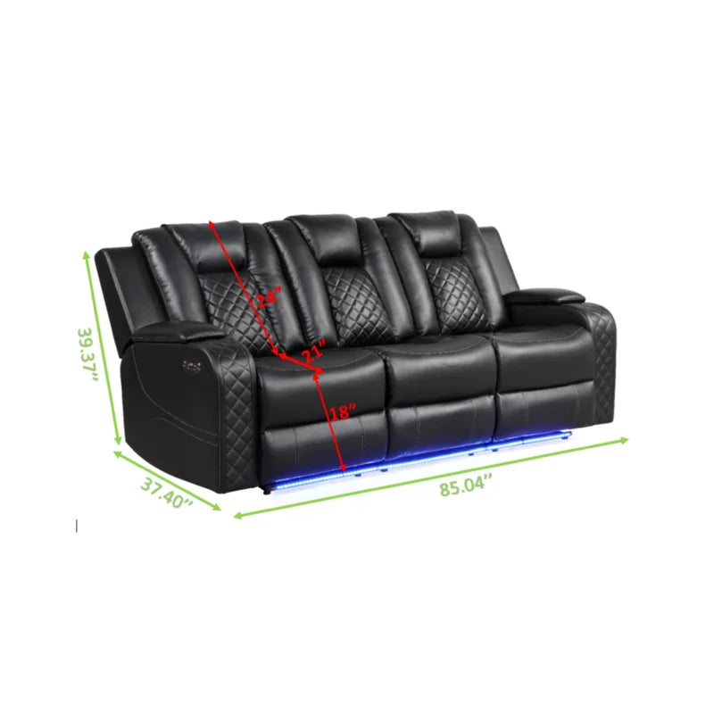 Led & Power Recliner 3 Pc Made With Faux Leather In Black Black Faux Leather Metal Primary Living Space Medium Soft Cushion Back Heavy Duty Contemporary,Modern Solid Wood Mdf Polypropylene