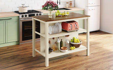 Solid Wood Rustic 45" Stationary Kitchen Island, Rubber Wood Butcher Block Dining Table Prep Table With 2 Open Shelves For Small Places,Walnut Cream White Walnut Dining Room Rustic Rectangular Kitchen Carts Rubberwood Solid Wood Medium 40 55In