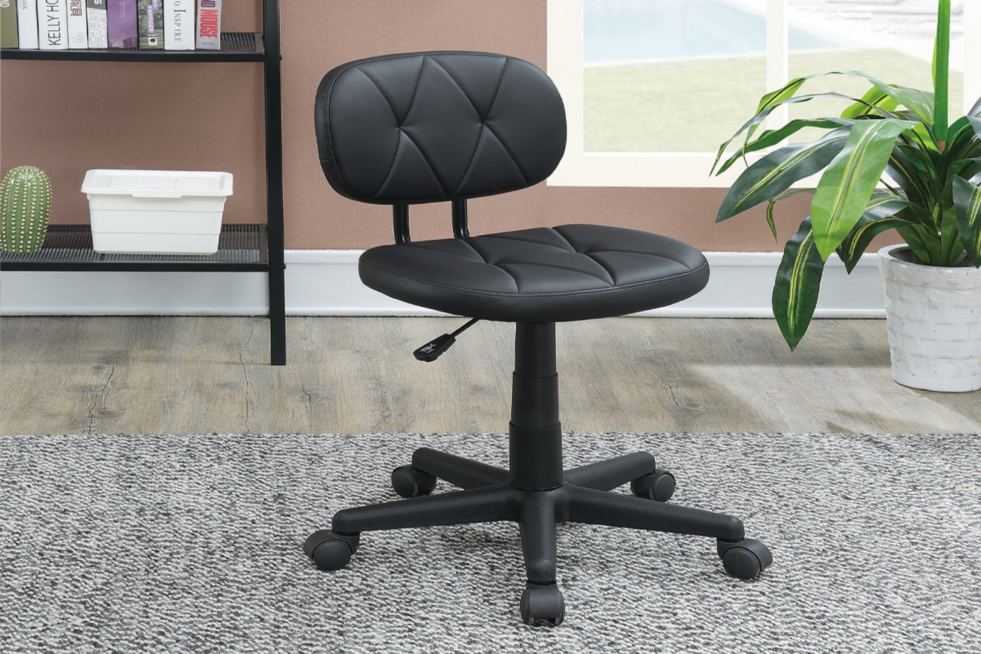 Modern 1Pc Office Chair Black Tufted Design Upholstered Chairs With Wheels Caster Black Office Foam Modern Tufted Back Adjustable Height Plastic