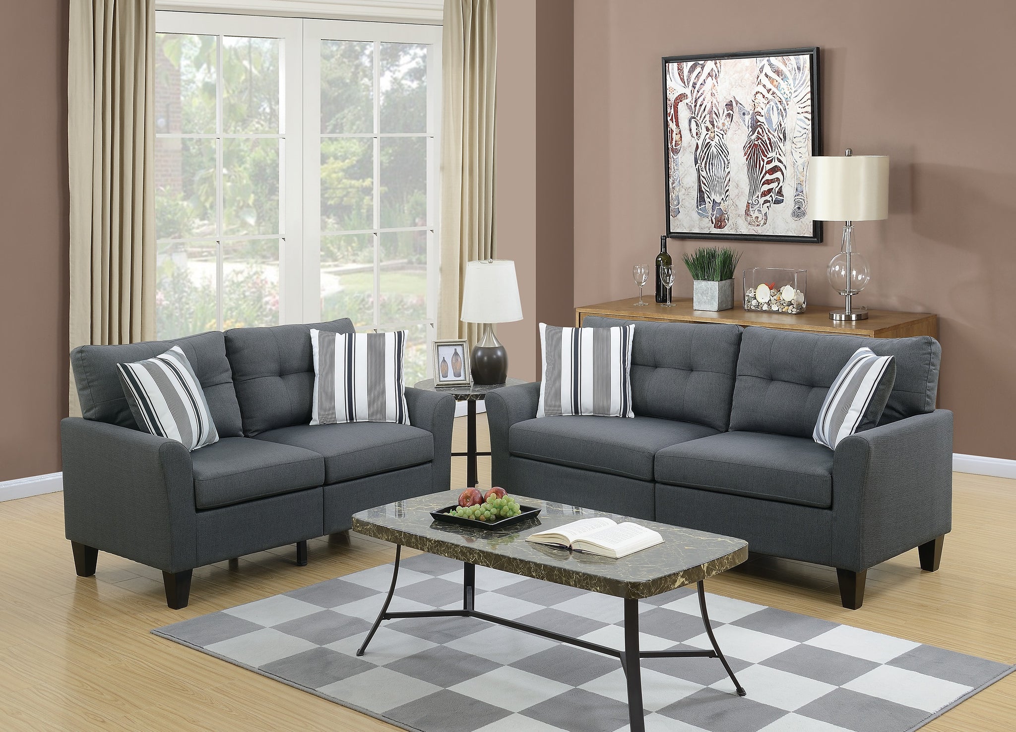 Living Room Furniture 2Pc Sofa Set Sofa And Loveseat Charcoal Glossy Polyfiber Plywood Solid Pine Charcoal Grey Wood Primary Living Space Tufted Back Modern,Transitional Pine Flared Arms Plywood 5 Seat