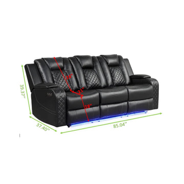 Led & Power Reclining Sofa Made With Faux Leather In Black Black Faux Leather Metal Primary Living Space Medium Soft Cushion Back Heavy Duty Contemporary,Modern Solid Wood Mdf Faux Leather 3 Seat