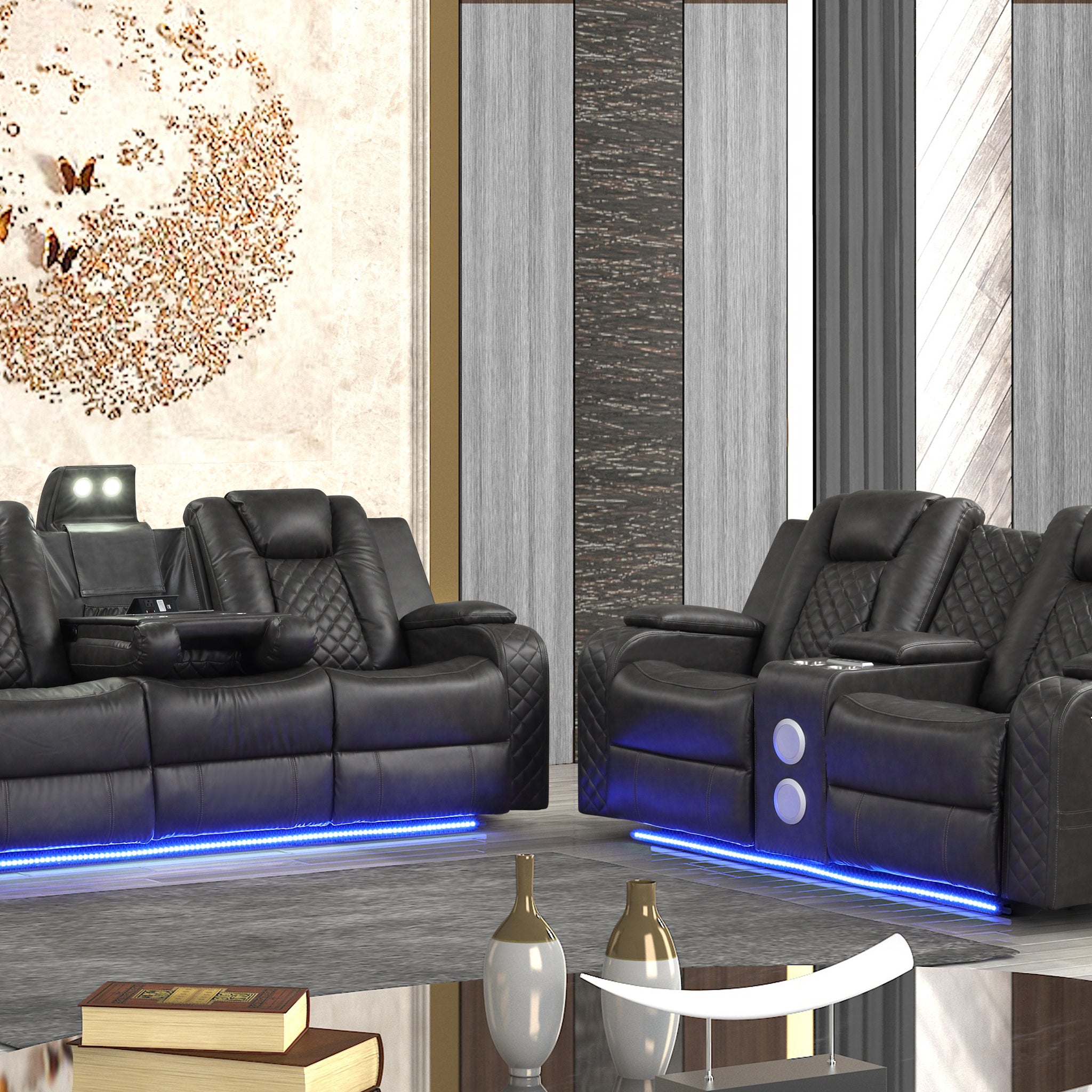 Led & Power Recliner 2 Pc Made With Faux Leather In Black Black Faux Leather Metal Primary Living Space Medium Soft Cushion Back Heavy Duty Contemporary,Modern Solid Wood Mdf Faux Leather 5 Seat