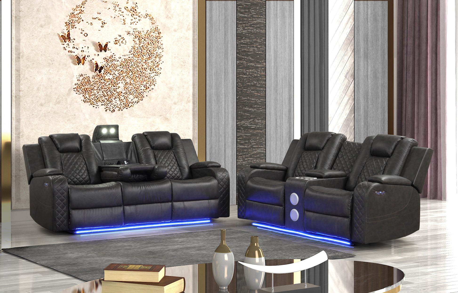 Led & Power Recliner 2 Pc Made With Faux Leather In Black Black Faux Leather Metal Primary Living Space Medium Soft Cushion Back Heavy Duty Contemporary,Modern Solid Wood Mdf Faux Leather 5 Seat