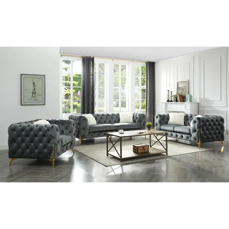 Moderno Tufted Sofa Finished In Velvet Fabric In Gray Gray Velvet Wood Primary Living Space Soft Modern Solid Wood Mdf Wood