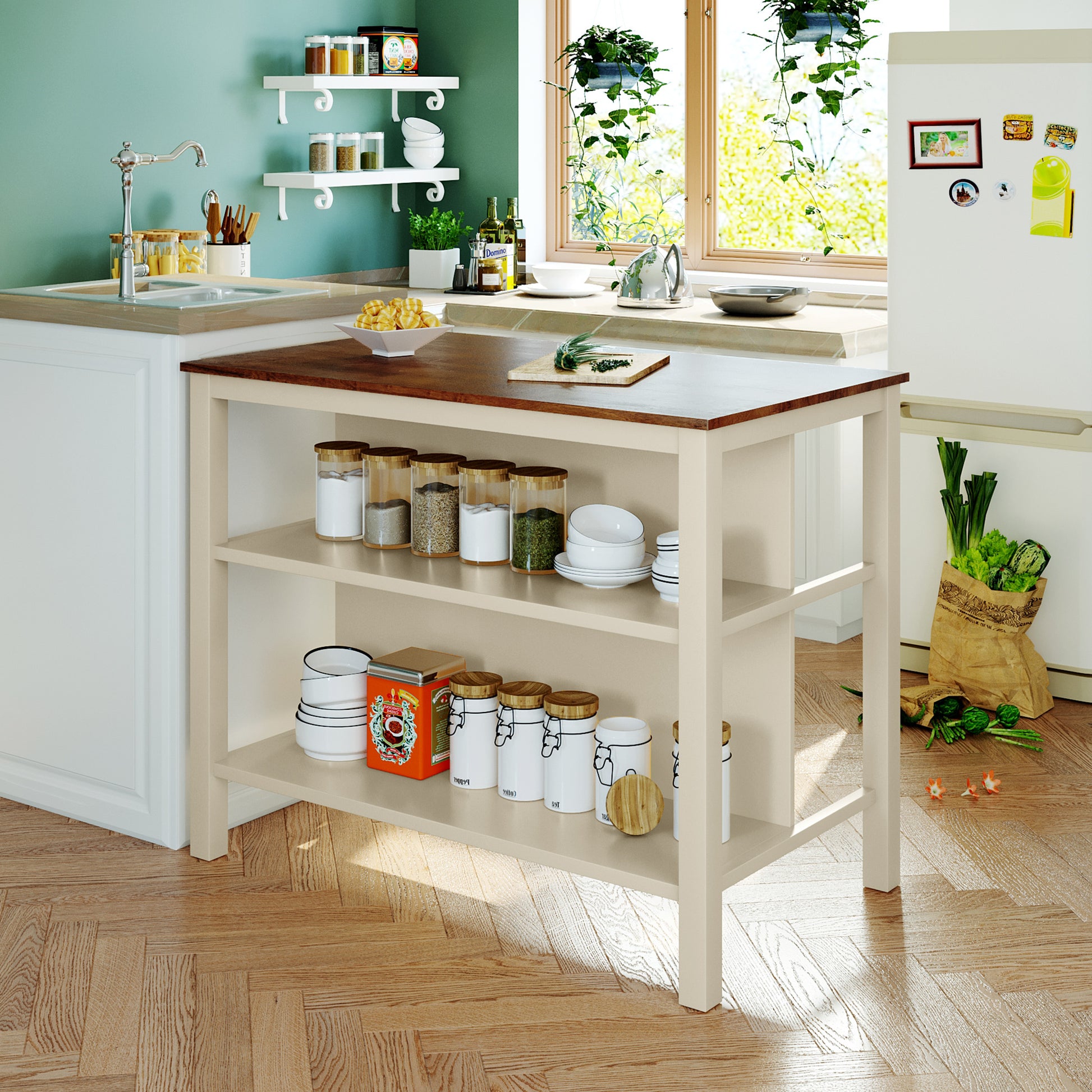 Solid Wood Rustic 45" Stationary Kitchen Island, Rubber Wood Butcher Block Dining Table Prep Table With 2 Open Shelves For Small Places,Walnut Cream White Walnut Dining Room Rustic Rectangular Kitchen Carts Rubberwood Solid Wood Medium 40 55In