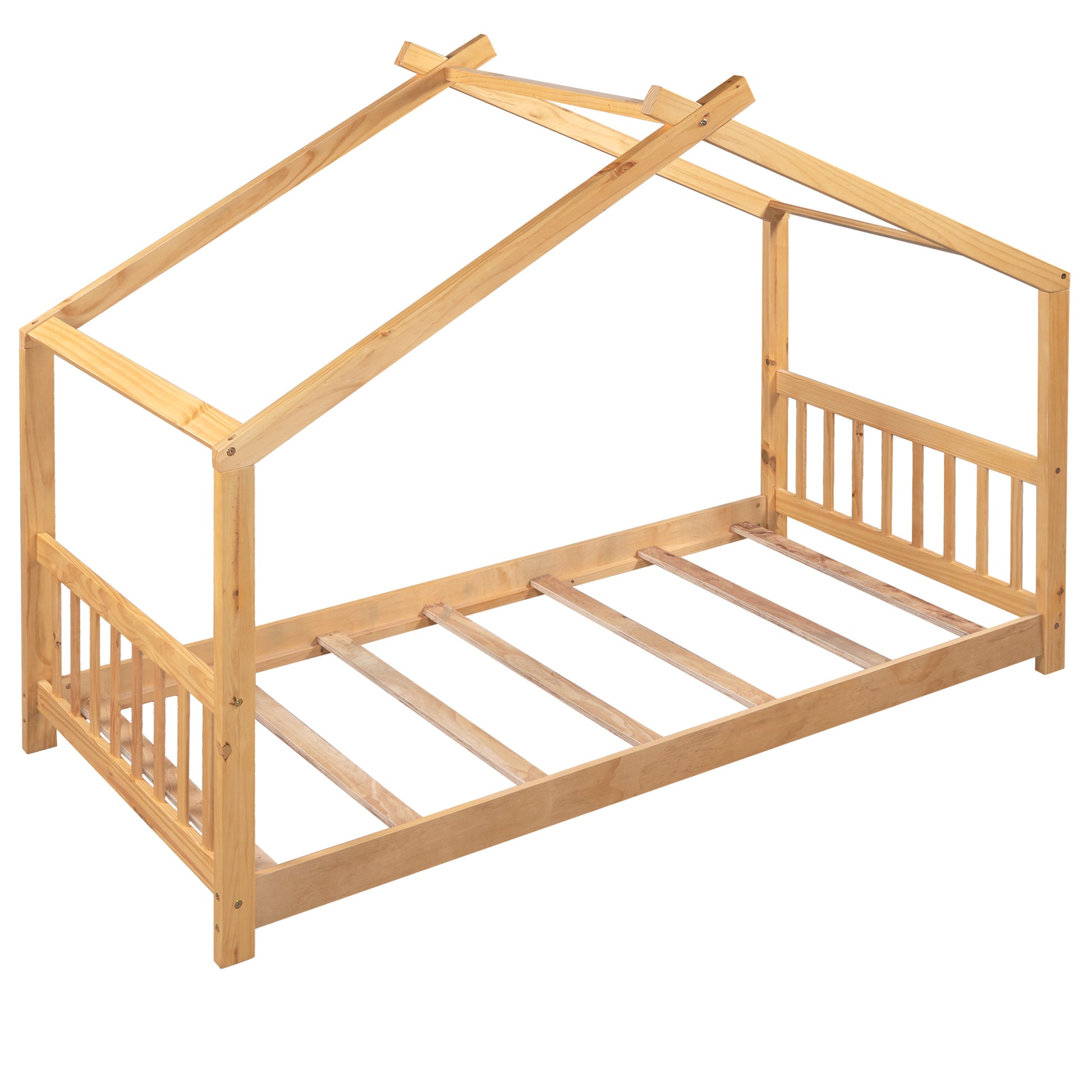 Twin Size House Platform Bed With Headboard And Footboard,Roof Design,Natural Natural Pine