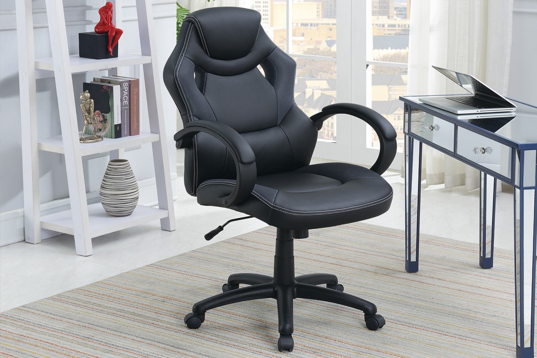 Office Chair Upholstered 1Pc Cushioned Comfort Chair Relax Gaming Office Work Black Color Black Office Mid Century Modern,Modern Office Chairs Solid Back Adjustable Height Fabric