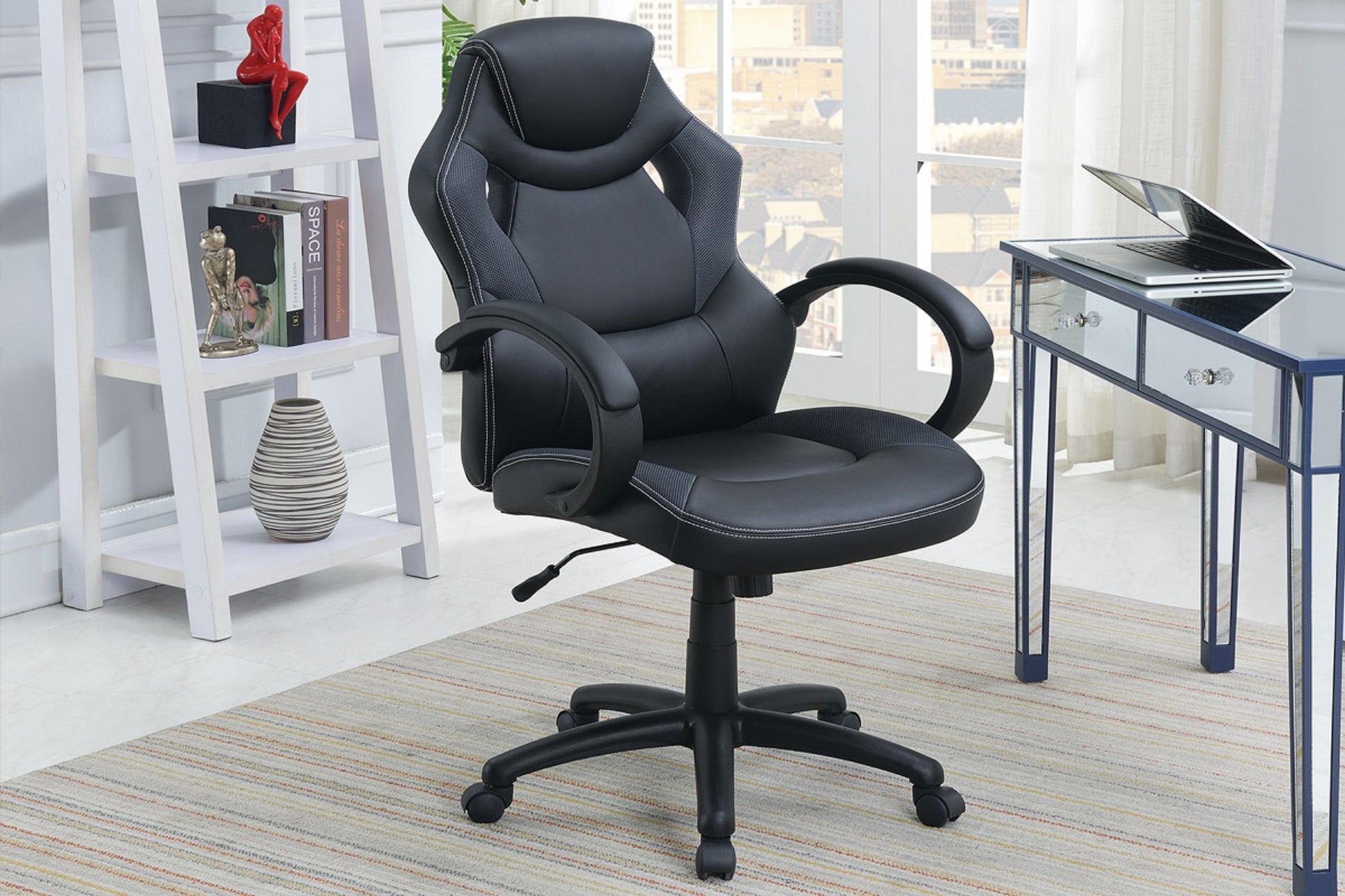 Office Chair Upholstered 1Pc Cushioned Comfort Chair Relax Gaming Office Work Black Color Black Office Mid Century Modern,Modern Office Chairs Solid Back Adjustable Height Fabric